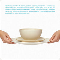 Kit Mesa Posta Fibra de Bambu Bowl 600ml + Prato 20cm + Prato 27cm Bege