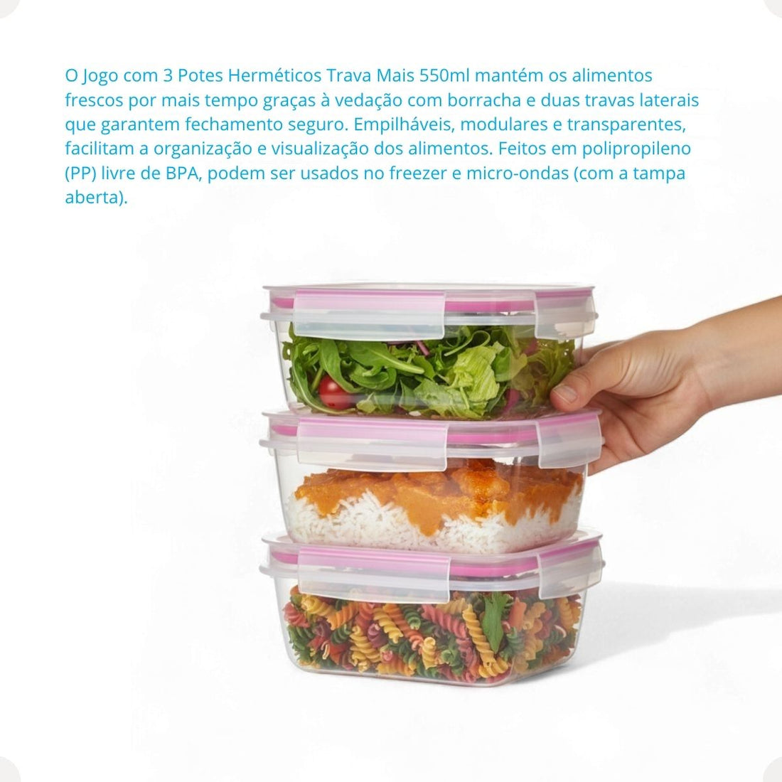 Kit Pote Plástico Hermético Trava Mais 3 peças 550ml Rosa
