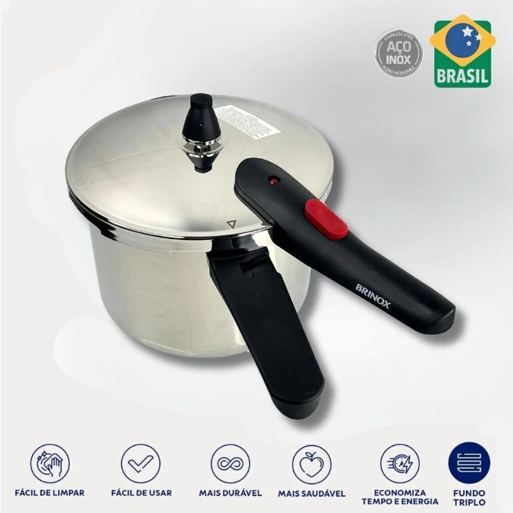 Panela de Pressão Brinox 6 L em Aço Inoxidável para Indução com 4 Travas de Segurança