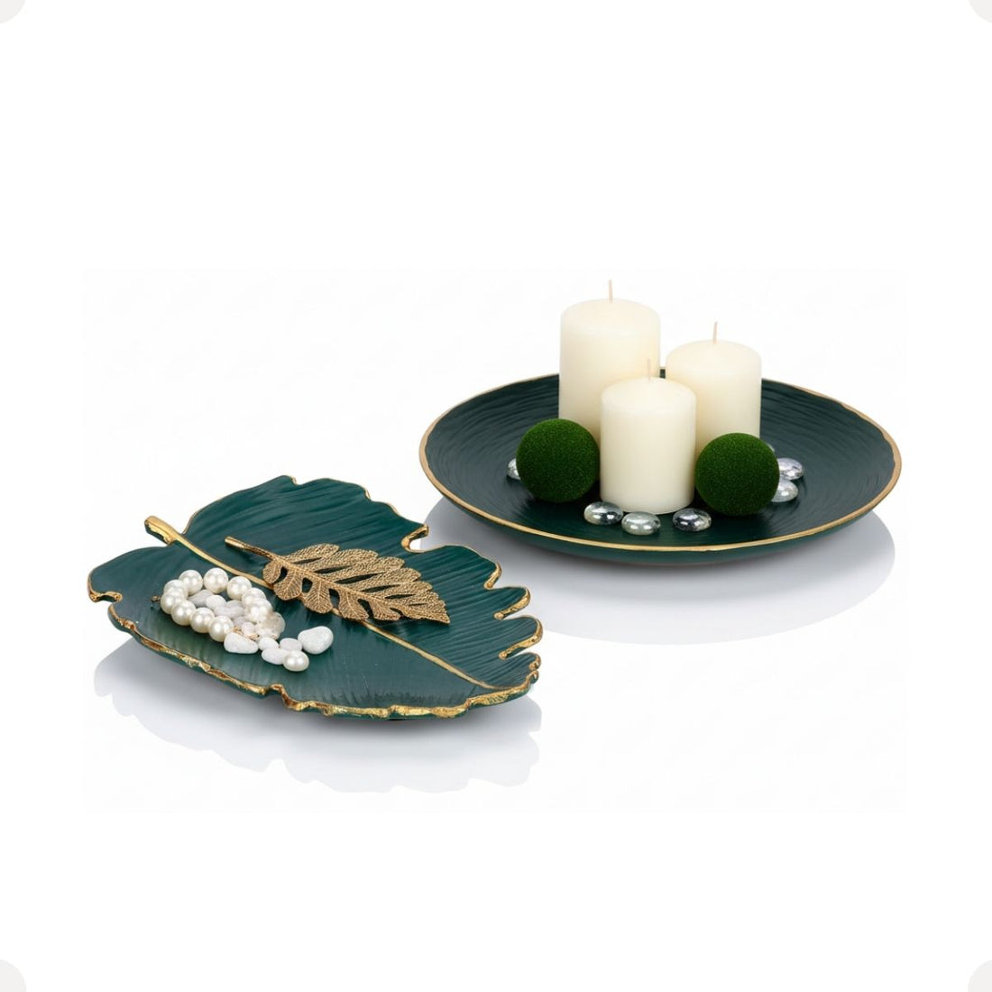 Kit Centro de Mesa Redondo 30cm + Folha Curva 24,5cm Zein Verde Dourado