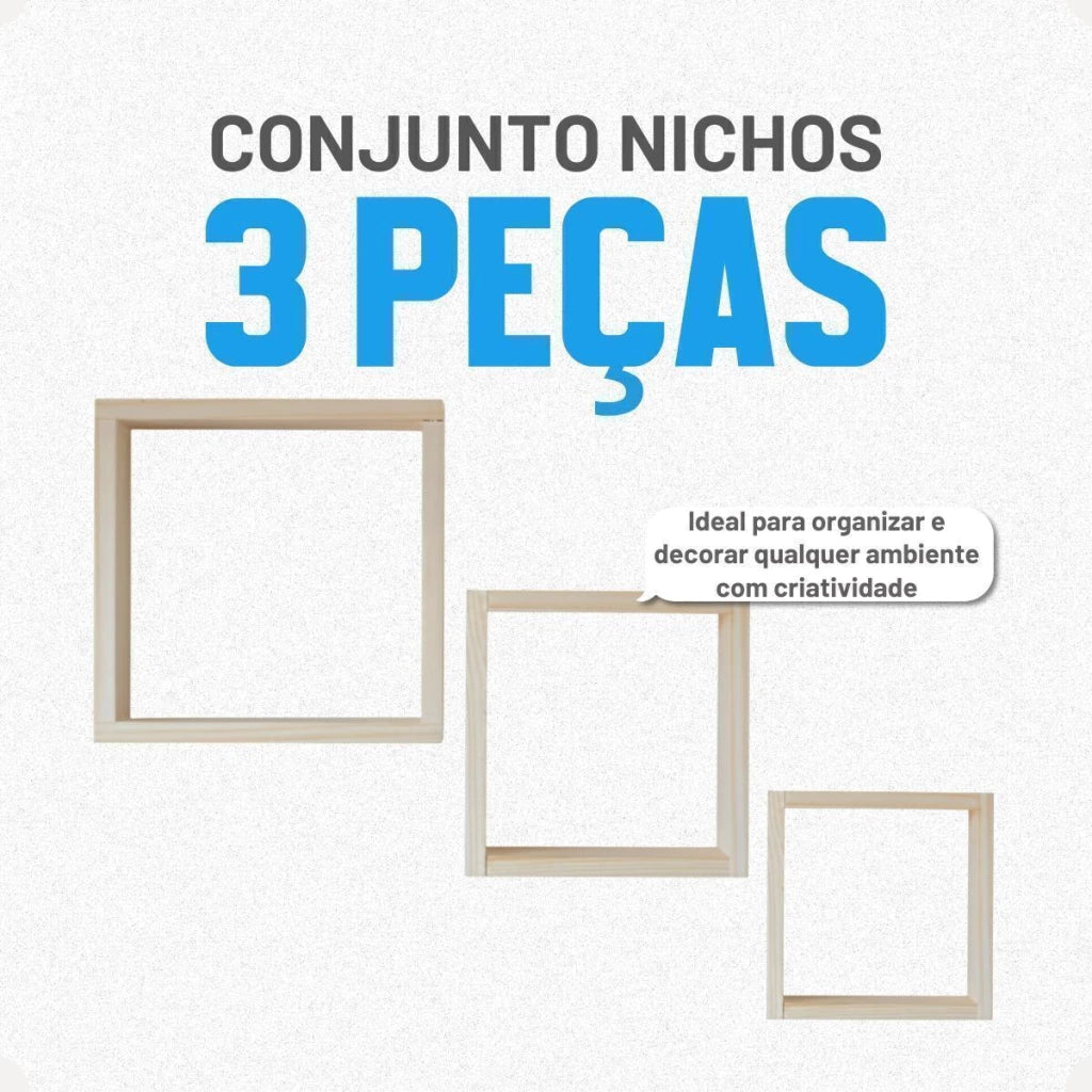Conjunto de Nichos Decorativos Quadrados em Madeira Pinus – 3 Peças