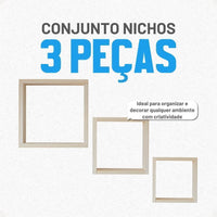 Conjunto de Nichos Decorativos Quadrados em Madeira Pinus – 3 Peças