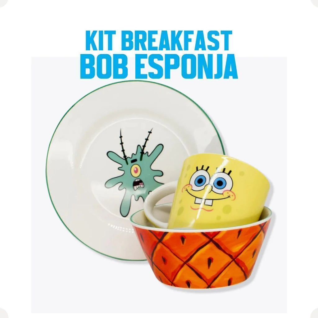 Conjunto Breakfast Bob Esponja em Cerâmica com Caneca, Bowl e Prato