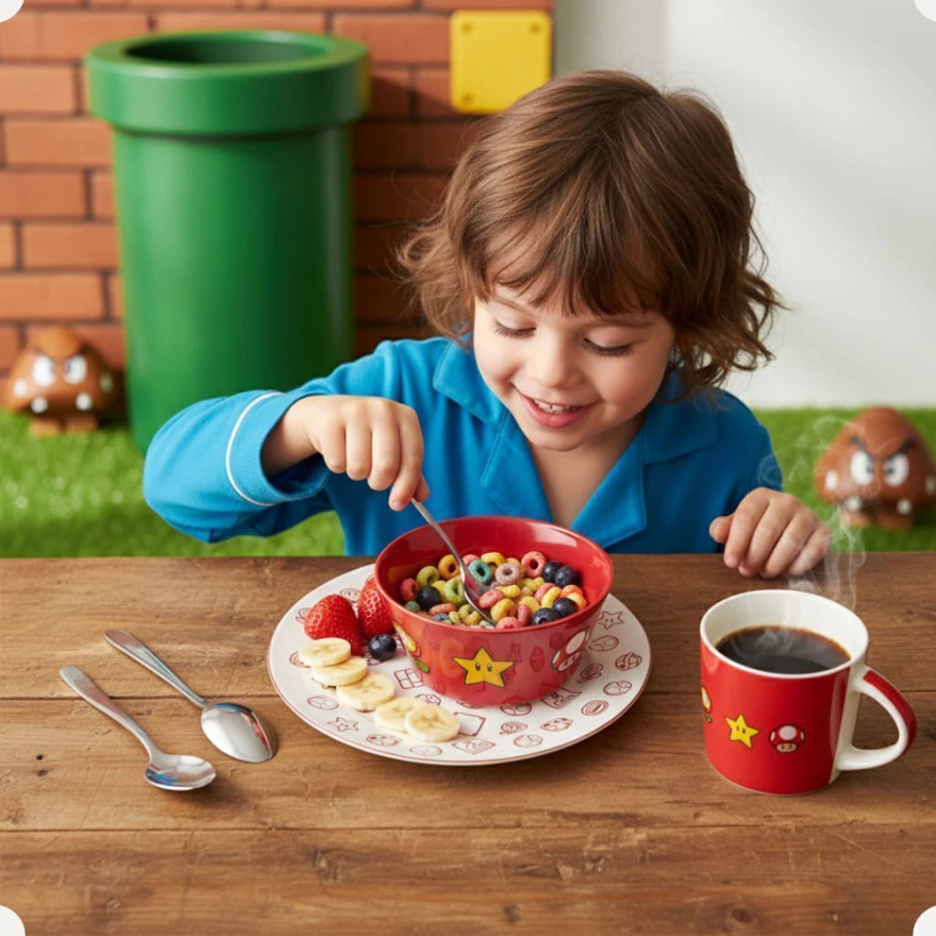 Conjunto Breakfast Super Mario em Cerâmica com Caneca, Bowl e Prato