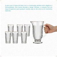 Jarra com 6 Copos de Vidro com Borda Dourada – Lila
