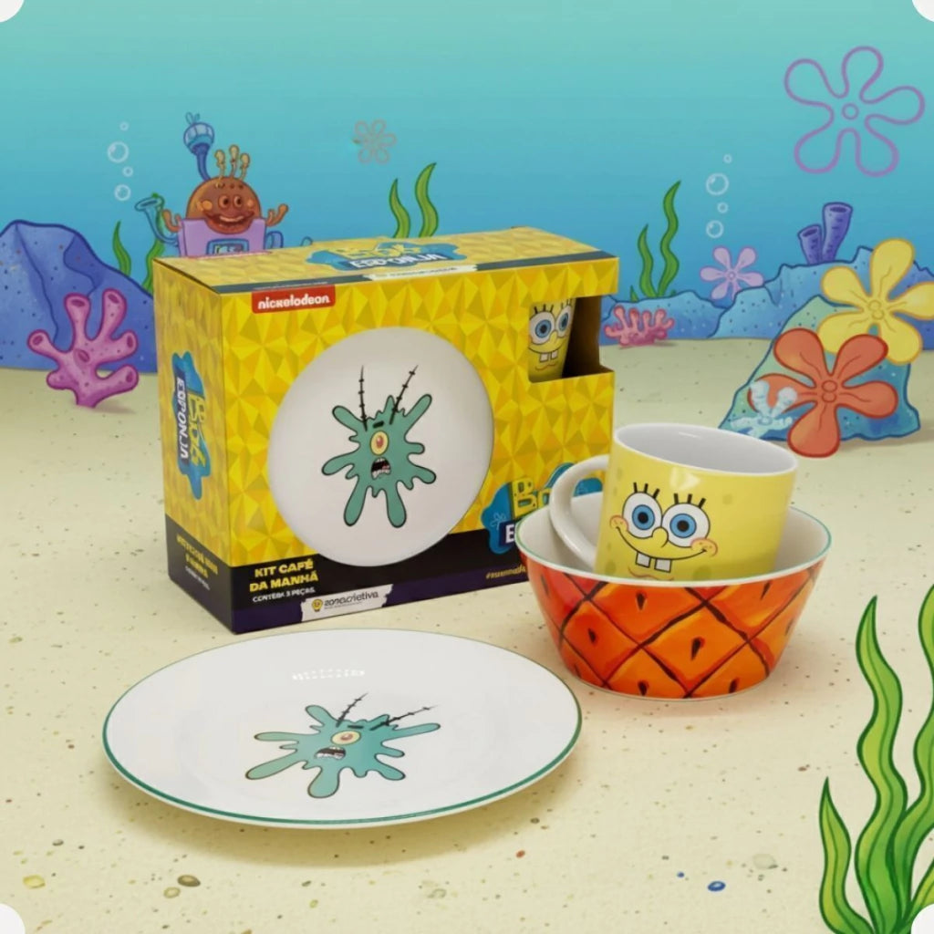 Conjunto Breakfast Bob Esponja em Cerâmica com Caneca, Bowl e Prato