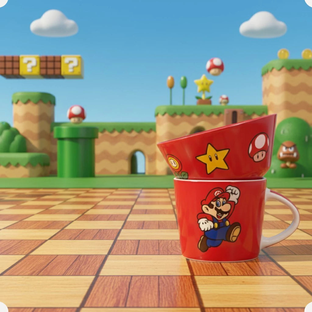 Conjunto Breakfast Super Mario em Cerâmica com Caneca, Bowl e Prato