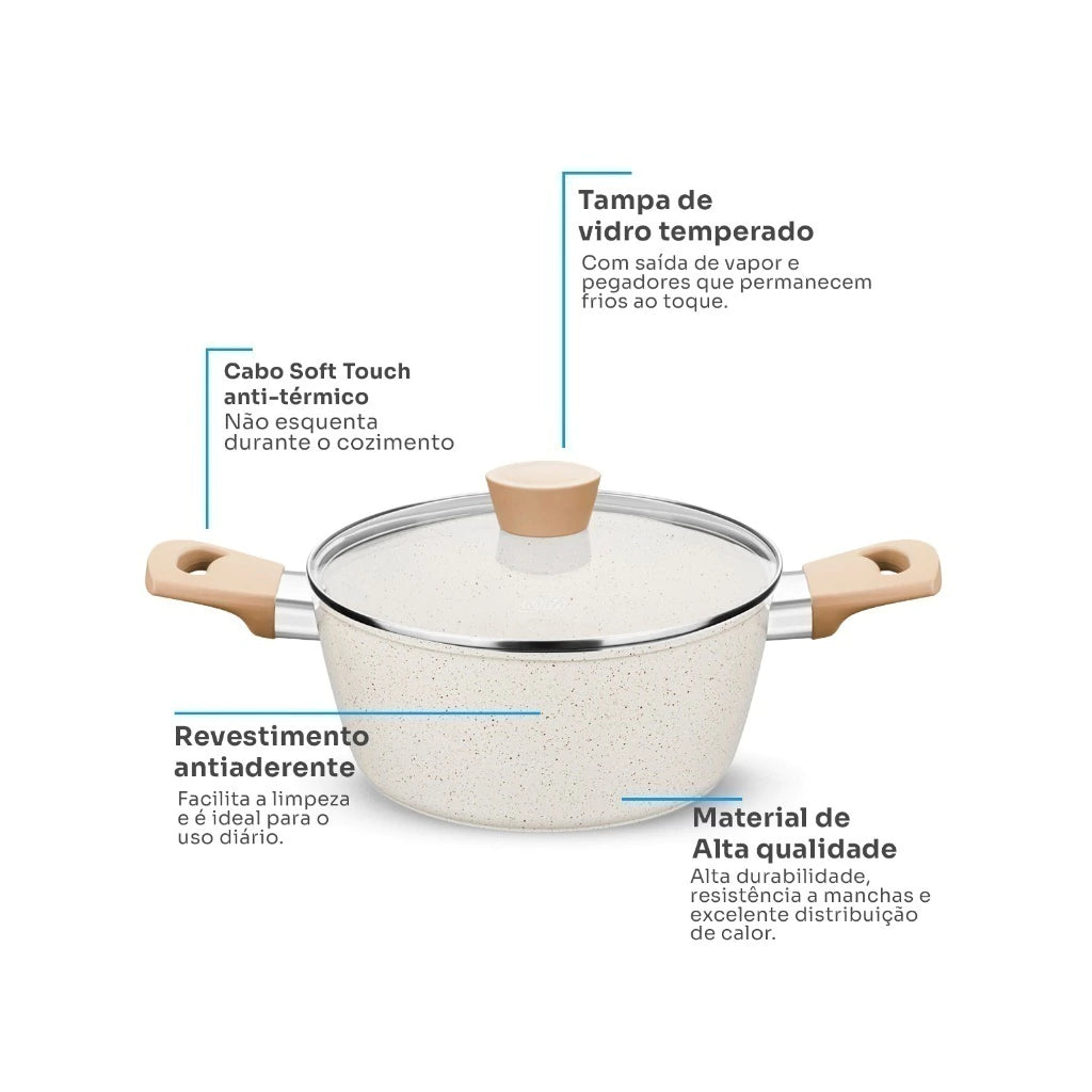 Conjunto de Panelas Carmela Vanilla MTA 5 Peças com Revestimento Ceramic Flon