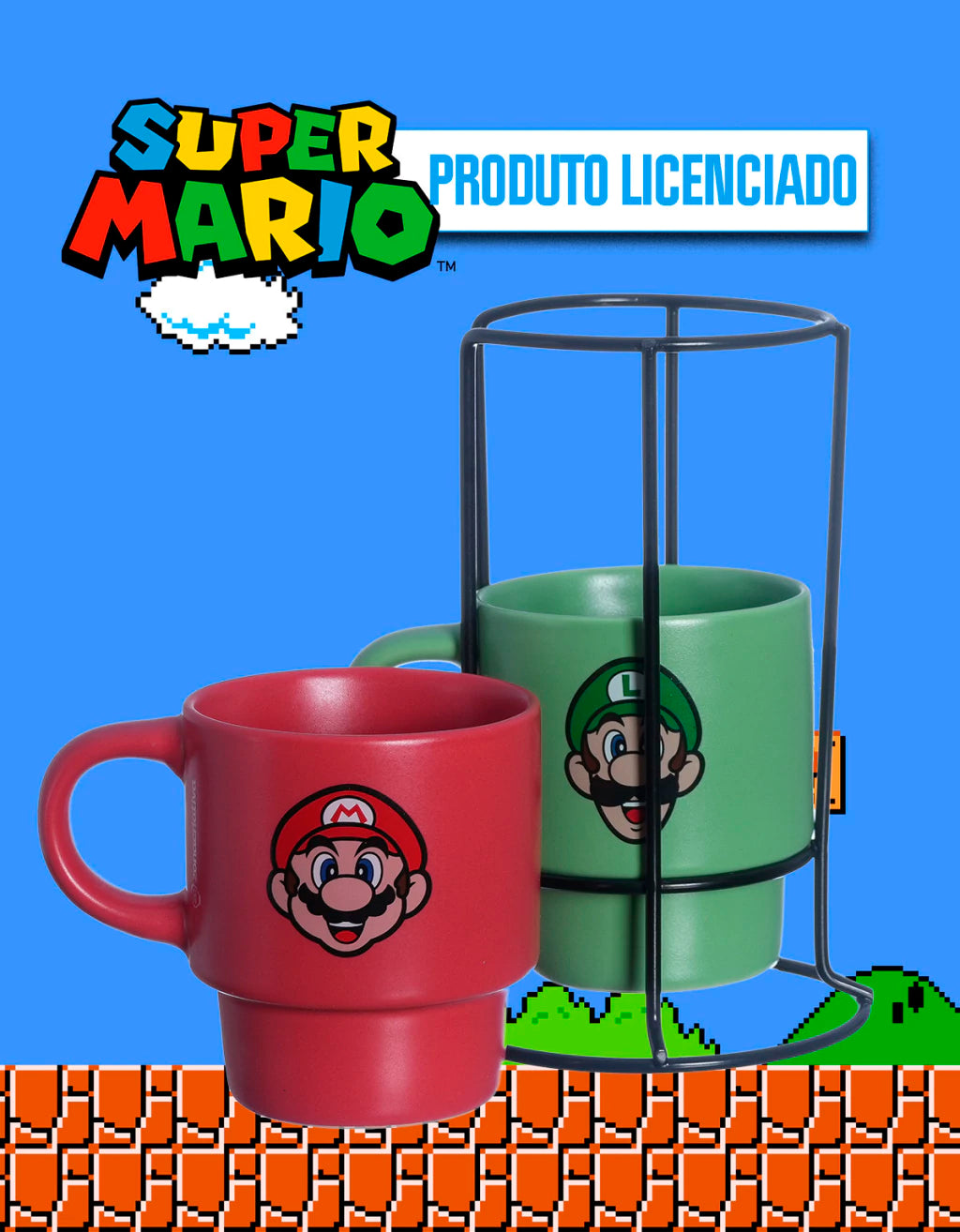 Conjunto com 2 Canecas Empilháveis Super Mario com Suporte – 150 ml