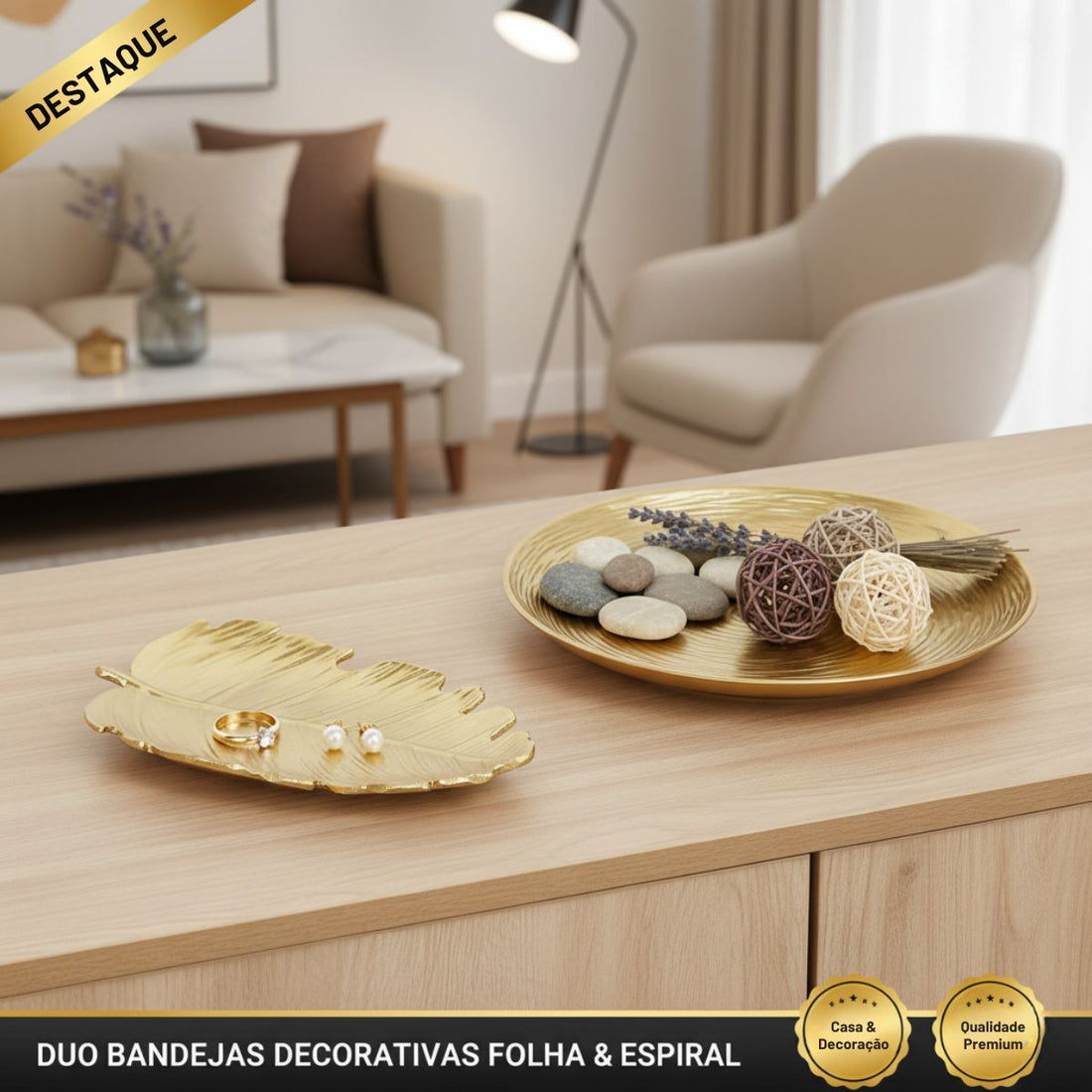 Kit Centro de Mesa Redondo 30cm + Folha Curva 24,5cm Zein Dourado