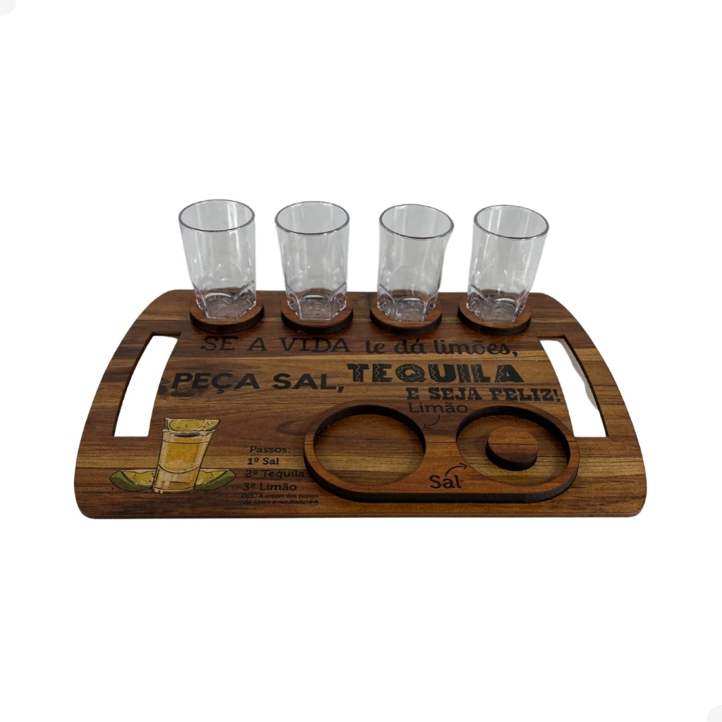 Kit Tábua de Shot em Madeira para Tequila com 4 Copos, Sal e Limão