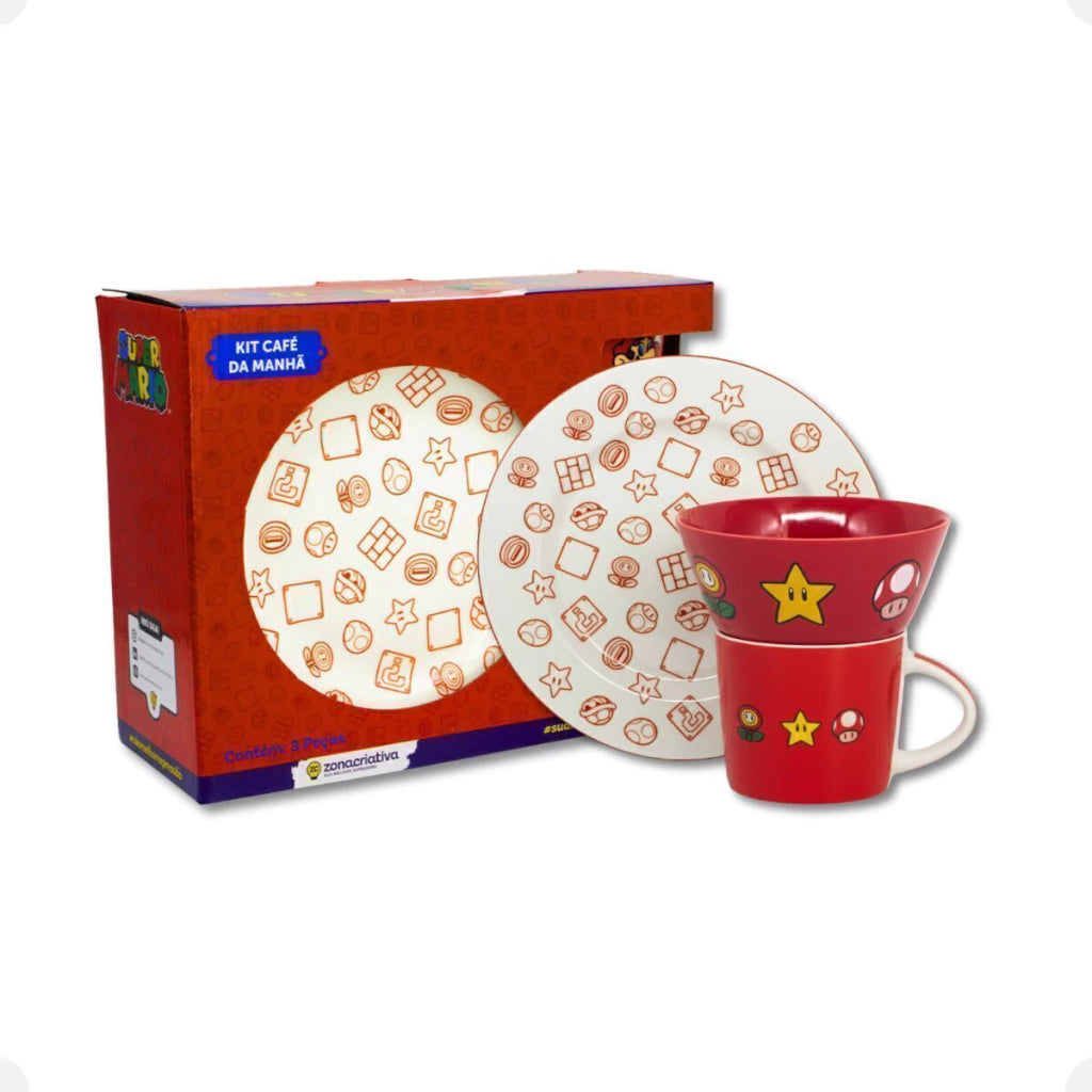 Conjunto Breakfast Super Mario em Cerâmica com Caneca, Bowl e Prato