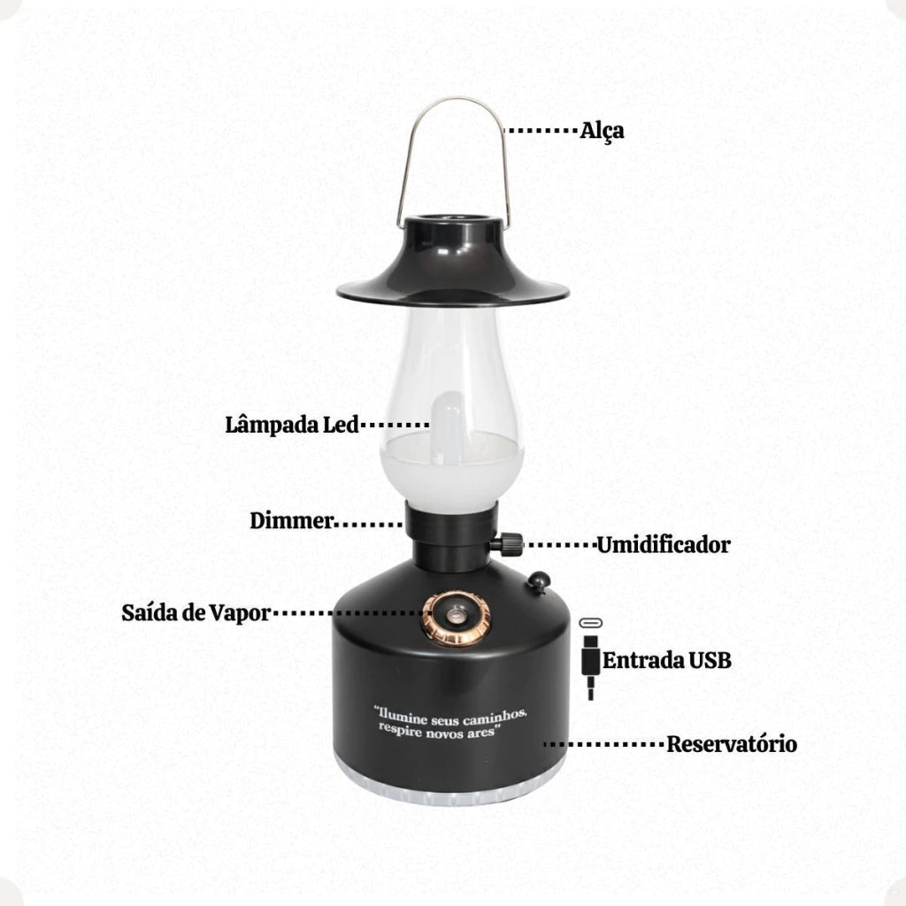 Luminária Lampião LED 3 em 1 com Umidificador