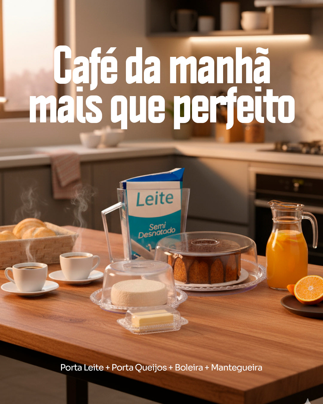 Kit Porta Bolo Trança 26cm com Porta queijo, Porta Leite e Manteigueira Acrílico 4 Peças