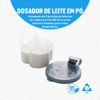 Kit Dosador de Leite em Pó 3 Compartimentos 300ml com Porta Chupeta com Alça e Porta Papinha Duplo com Encaixe 70ml Azul