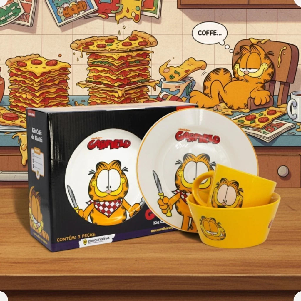 Conjunto Breakfast Garfield em Cerâmica com Caneca, Bowl e Prato