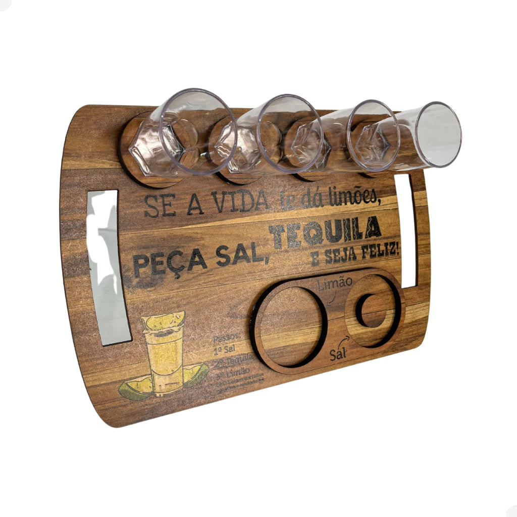 Kit Tábua de Shot em Madeira para Tequila com 4 Copos, Sal e Limão