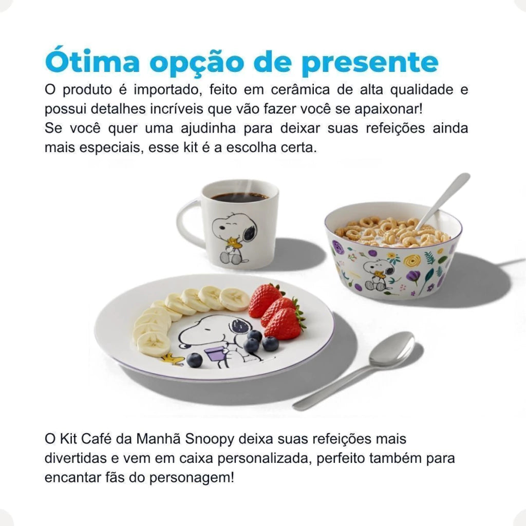 Conjunto Breakfast Snoopy em Cerâmica com Caneca, Bowl e Prato