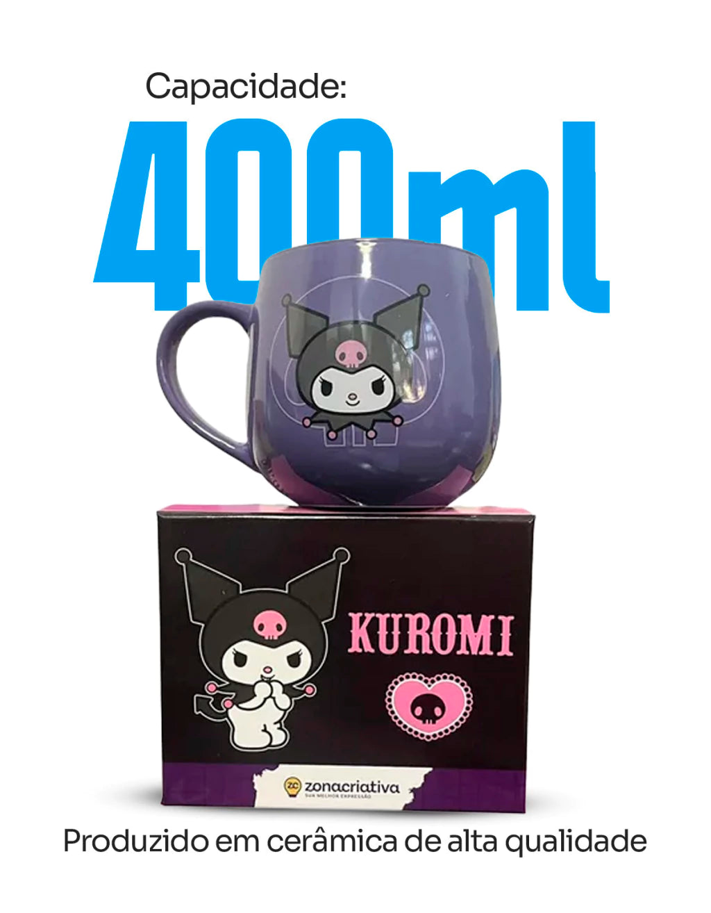 Caneca Maggie Kuromi em Cerâmica – 400 ml