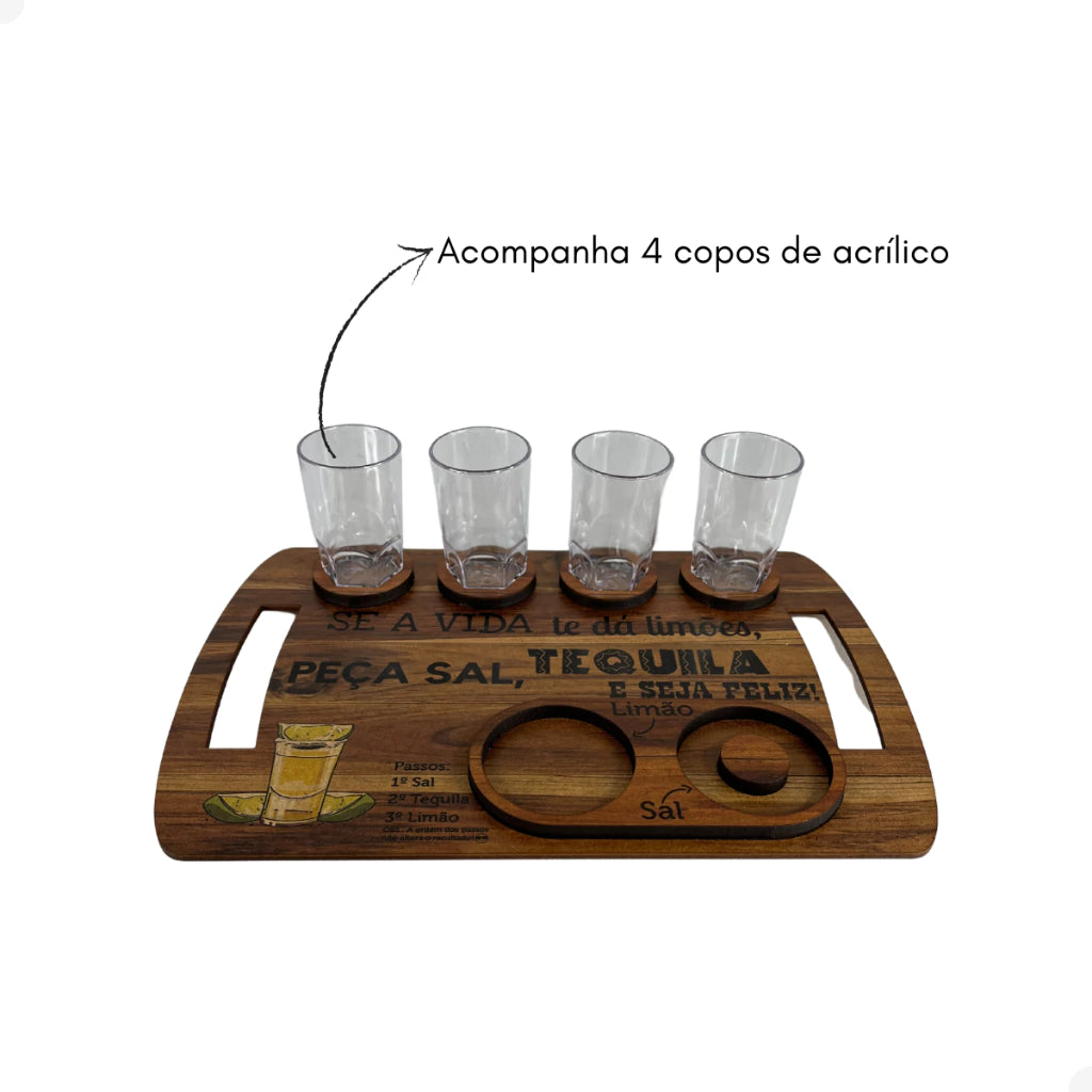 Kit Tábua de Shot em Madeira para Tequila com 4 Copos, Sal e Limão