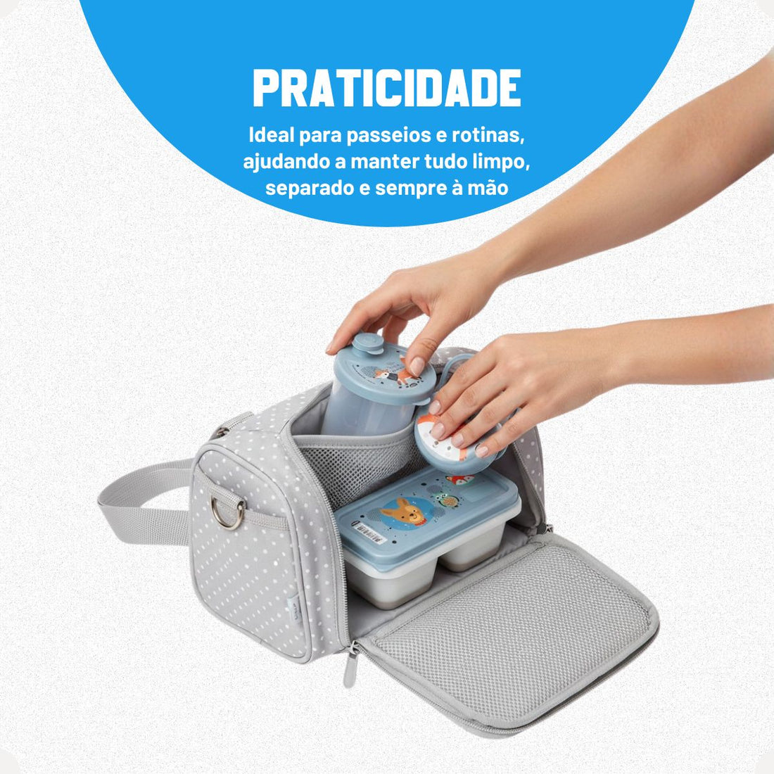 Kit Dosador de Leite em Pó 3 Compartimentos 300ml com Porta Chupeta com Alça e Porta Papinha Duplo com Encaixe 70ml Azul