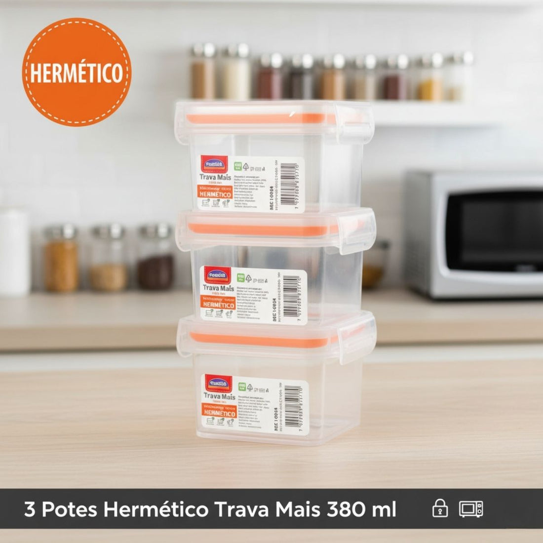 Kit Pote Plástico Hermético Trava Mais 3 Peças 380ml Laranja