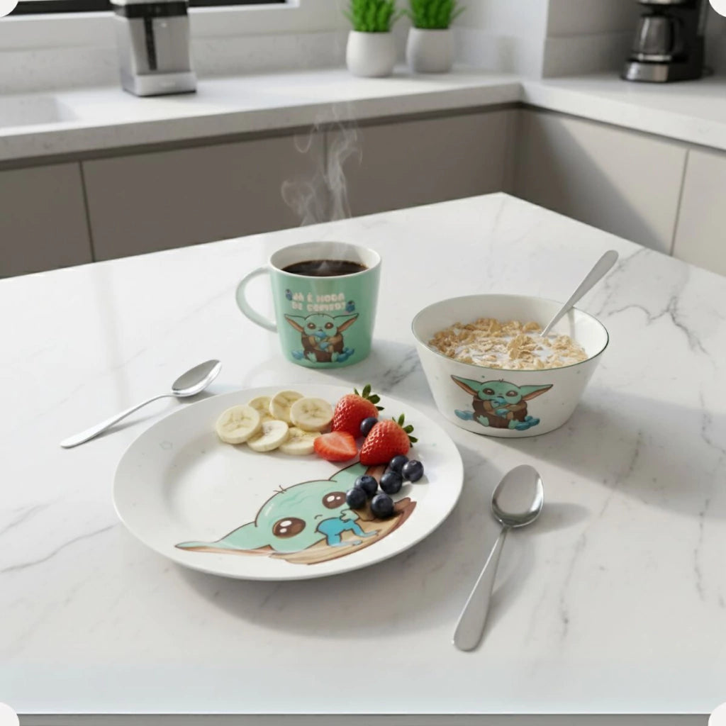 Conjunto Breakfast Baby Yoda em Cerâmica com Caneca, Bowl e Prato