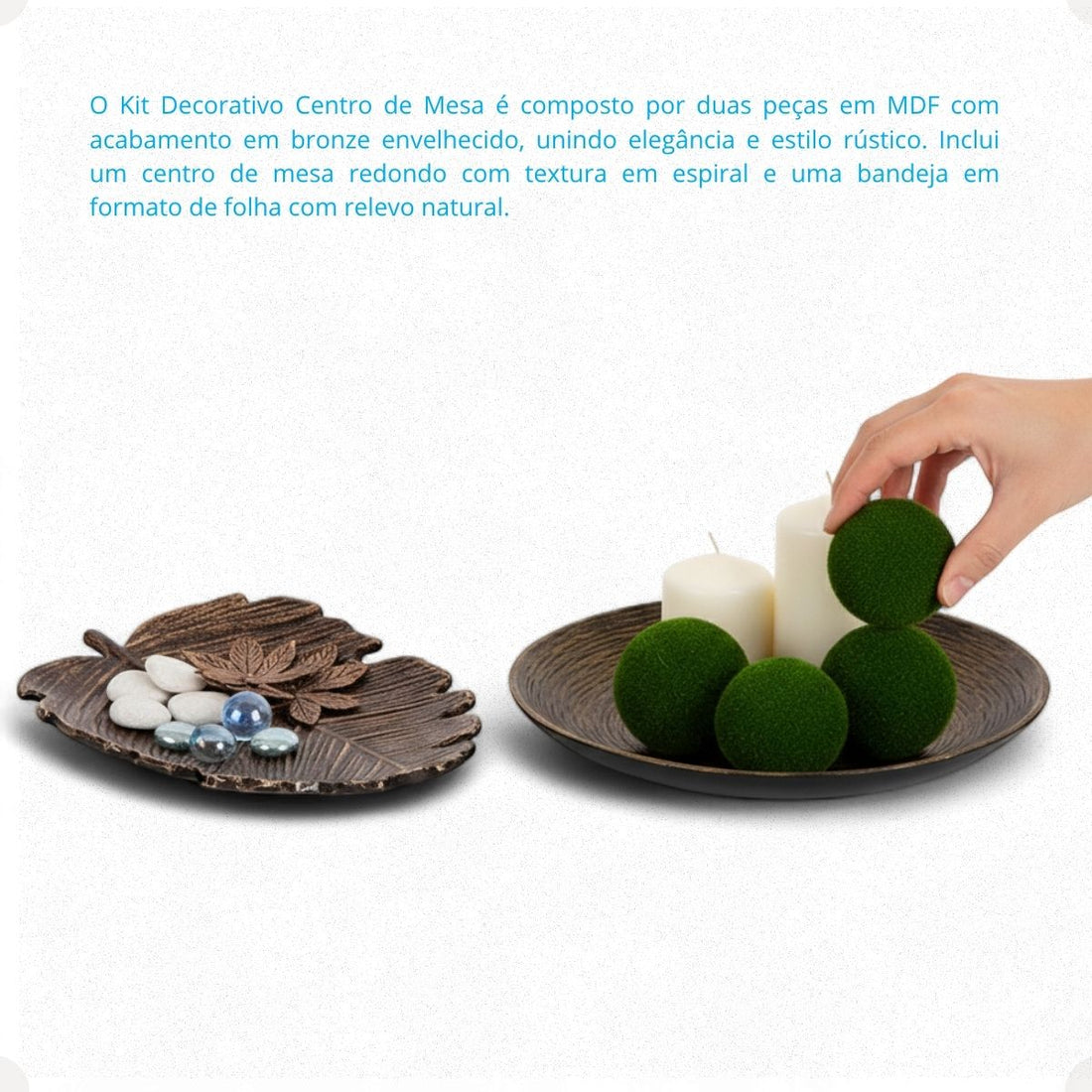 Kit Centro de Mesa Redondo 30cm + Folha Curva 24,5cm Zein Marrom Envelhecido