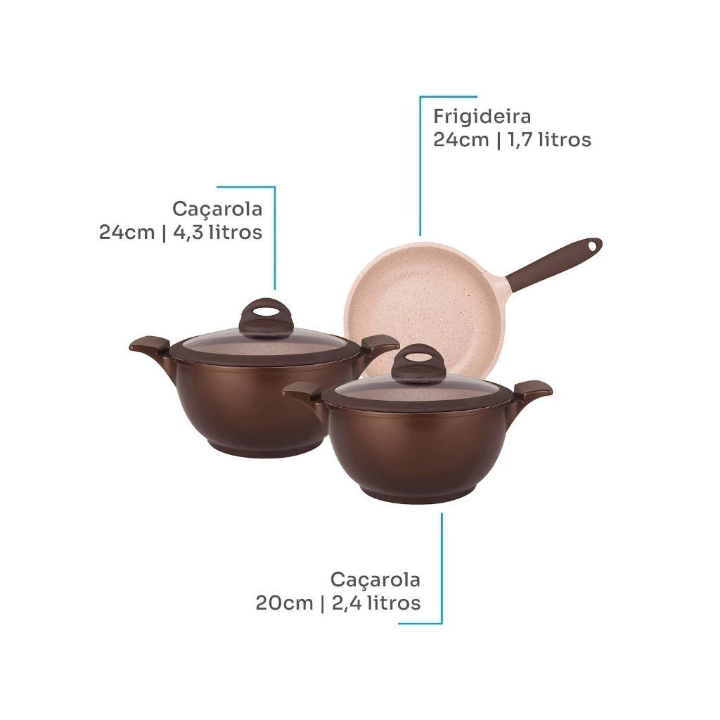 Conjunto de Panelas Belga MTA 3 Peças com Revestimento Ceramic Flon Premium