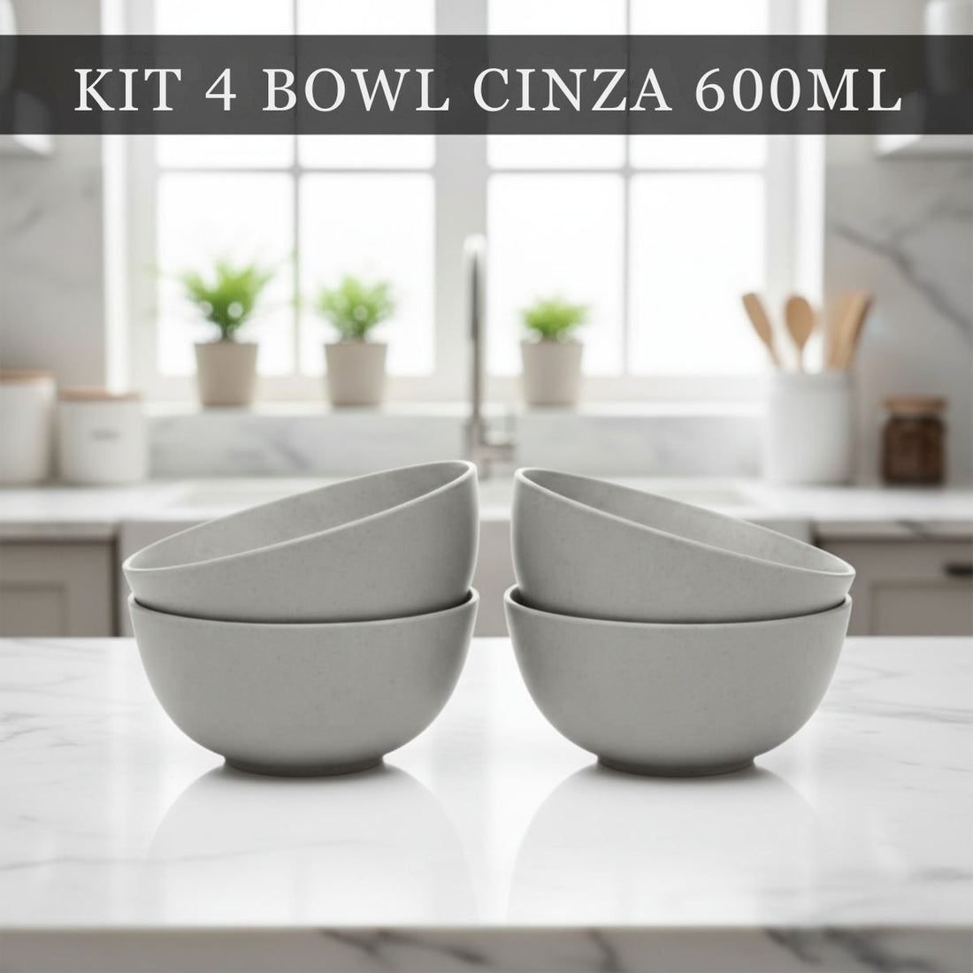 Kit Bowl Fibra de Bambu 600ml 4 peças Cinza