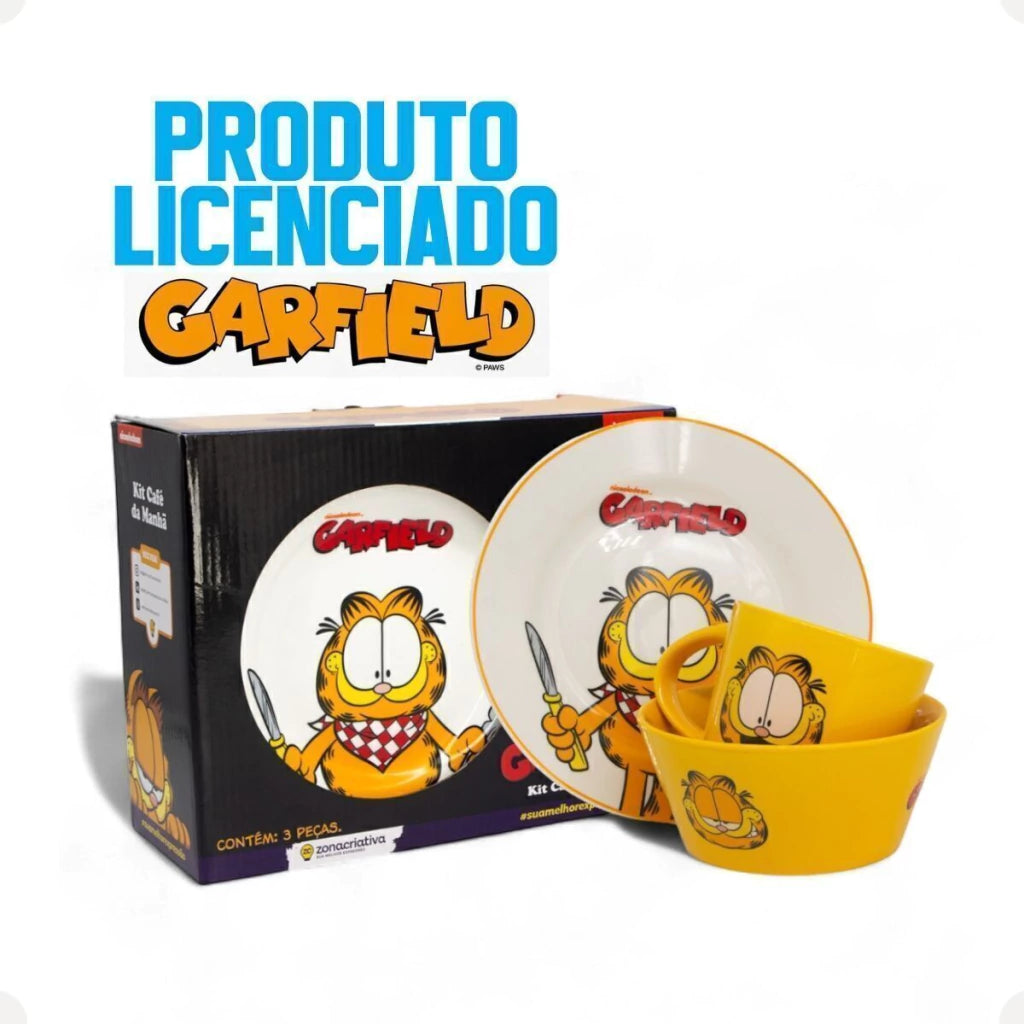 Conjunto Breakfast Garfield em Cerâmica com Caneca, Bowl e Prato