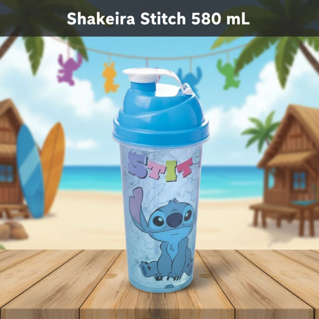 Copo Shakeira de Plástico com Tampa Rosca e Misturador Stitch – 580 ml