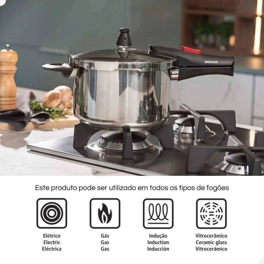 Panela de Pressão Brinox 6 L em Aço Inoxidável para Indução com 4 Travas de Segurança
