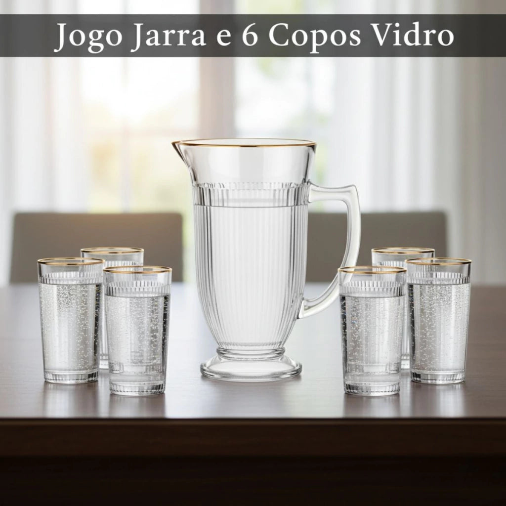 Jarra com 6 Copos de Vidro com Borda Dourada – Lila