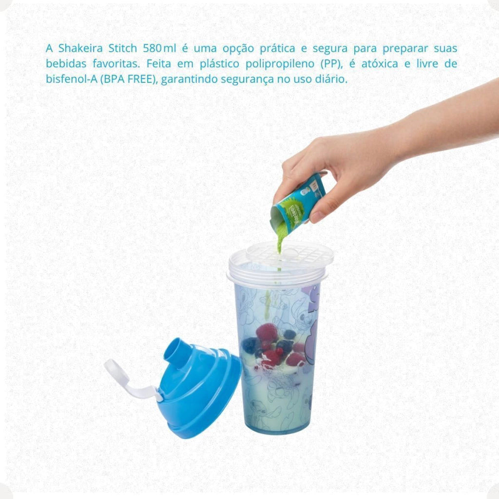 Copo Shakeira de Plástico com Tampa Rosca e Misturador Stitch – 580 ml