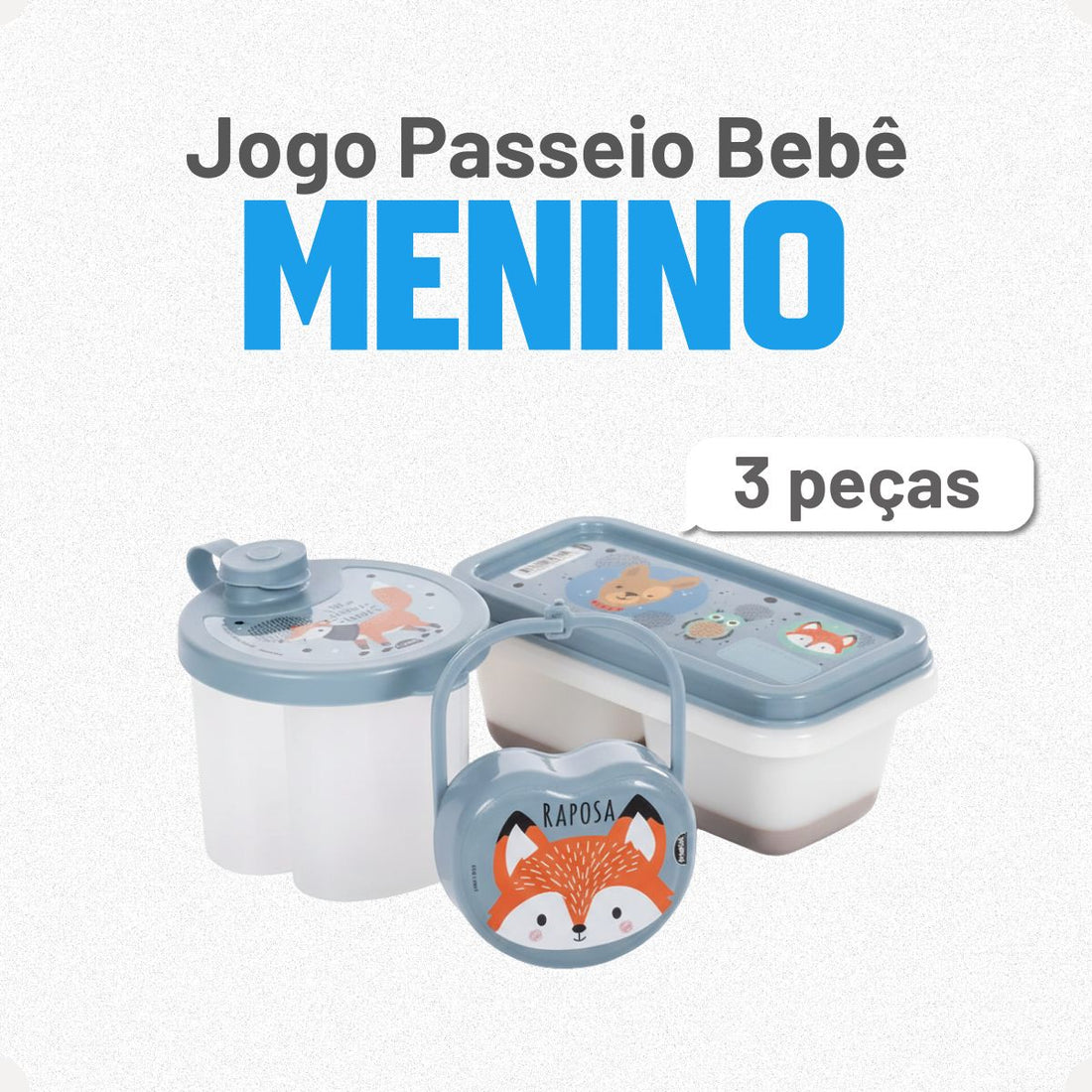 Kit Dosador de Leite em Pó 3 Compartimentos 300ml com Porta Chupeta com Alça e Porta Papinha Duplo com Encaixe 70ml Azul