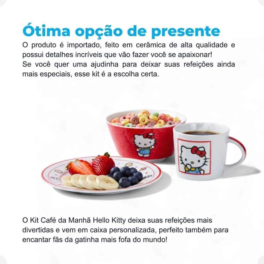 Conjunto Breakfast Hello Kitty em Cerâmica com Caneca, Bowl e Prato