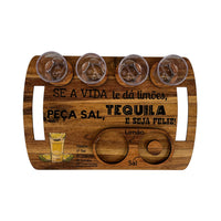 Kit Tábua de Shot em Madeira para Tequila com 4 Copos, Sal e Limão
