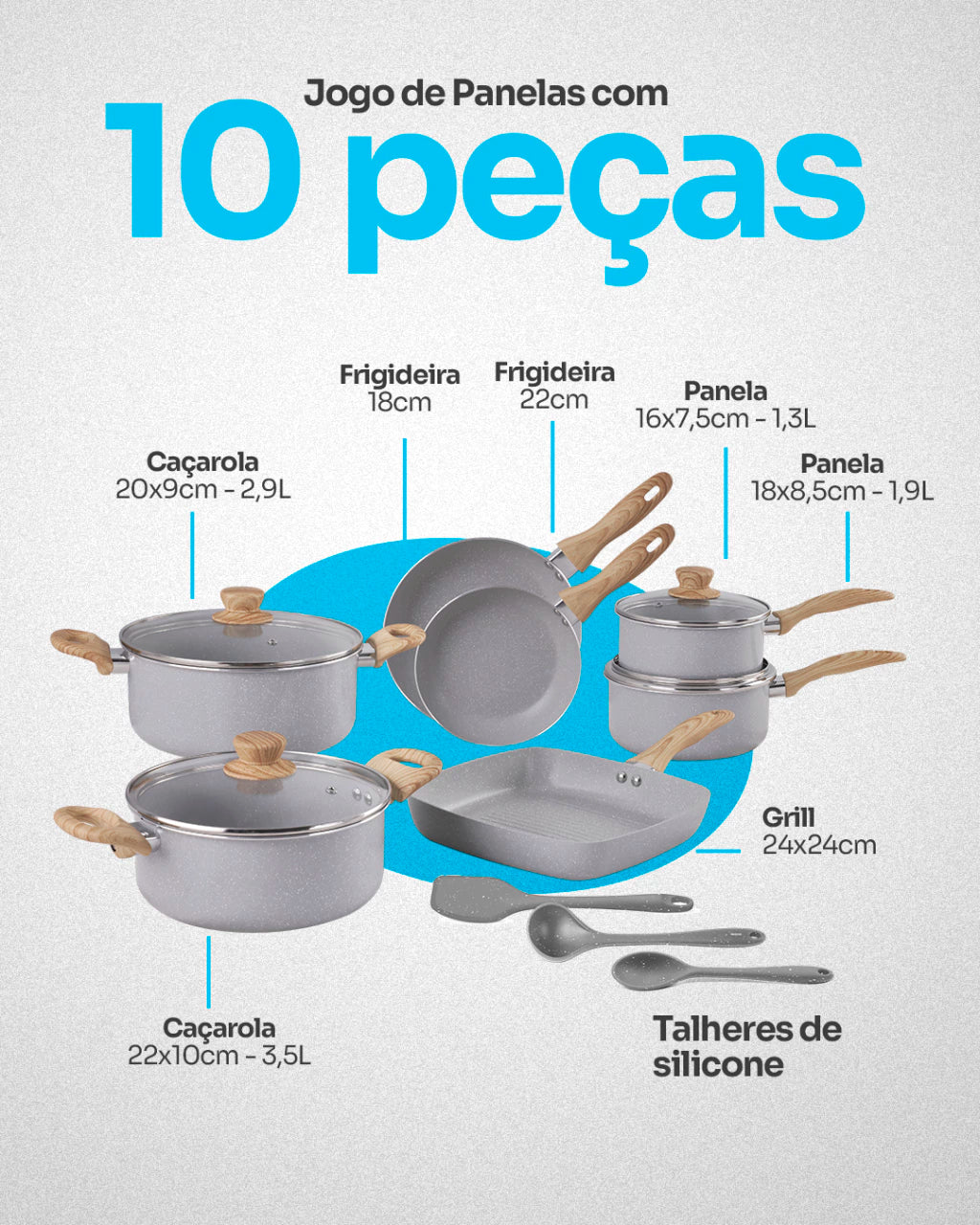 Conjunto de Panelas Easy Gris Ceramic Life 10 Peças Antiaderente – Cinza