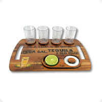 Tábua de Shot para Tequila em MDF com 4 Copos, Sal e Limão