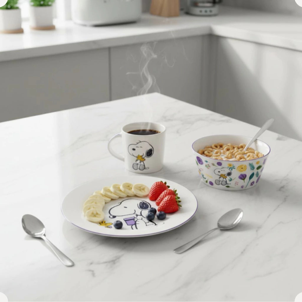 Conjunto Breakfast Snoopy em Cerâmica com Caneca, Bowl e Prato