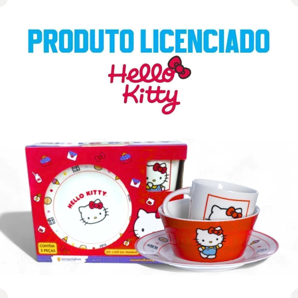 Conjunto Breakfast Hello Kitty em Cerâmica com Caneca, Bowl e Prato