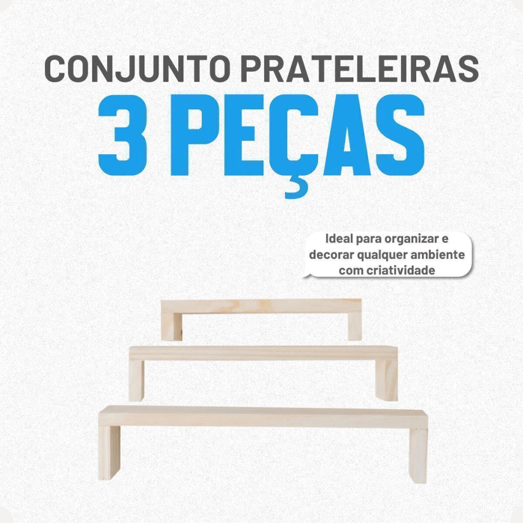 Conjunto de Prateleiras em Madeira Pinus – 3 Peças