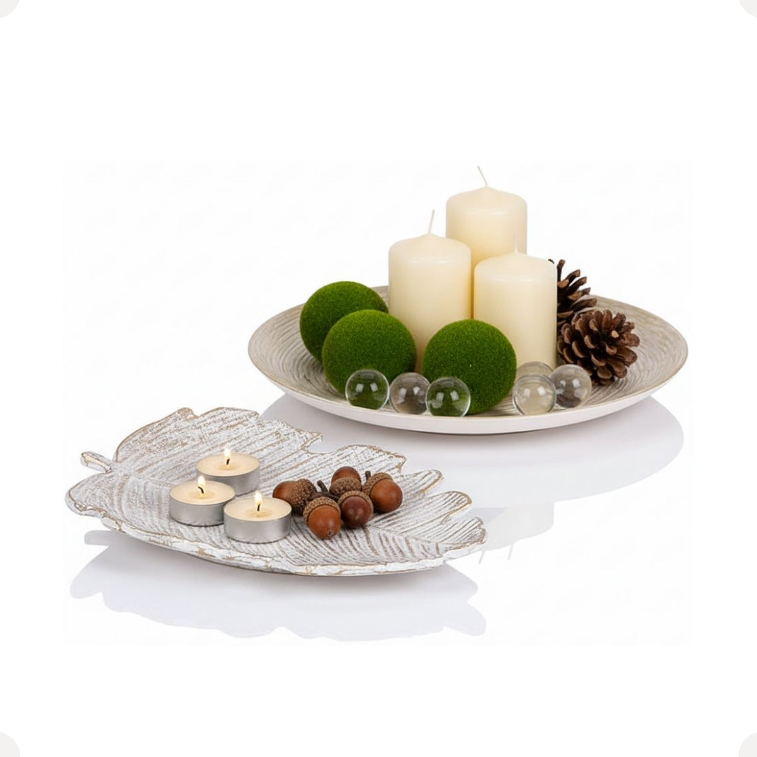 Kit Centro de Mesa Redondo 30cm + Folha Curva 24,5cm Zein Branco Dourado