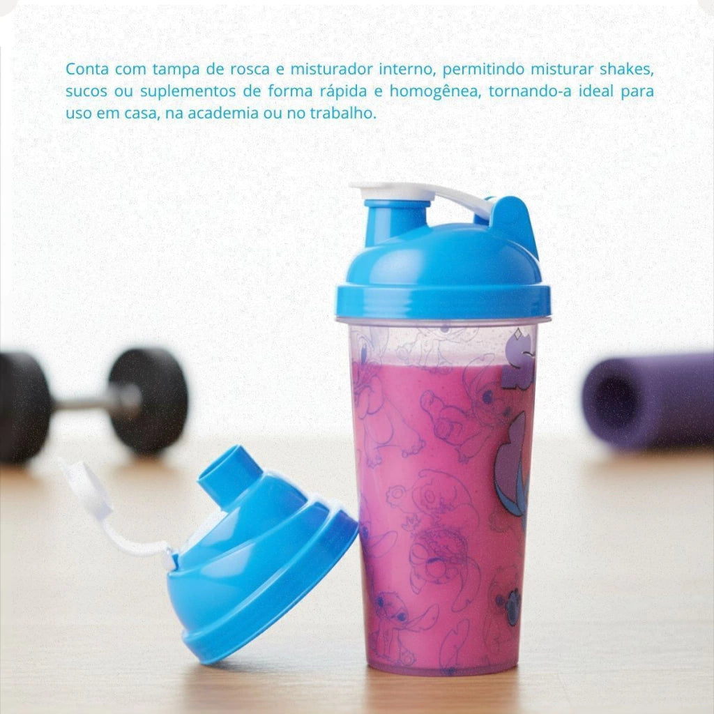 Copo Shakeira de Plástico com Tampa Rosca e Misturador Stitch – 580 ml