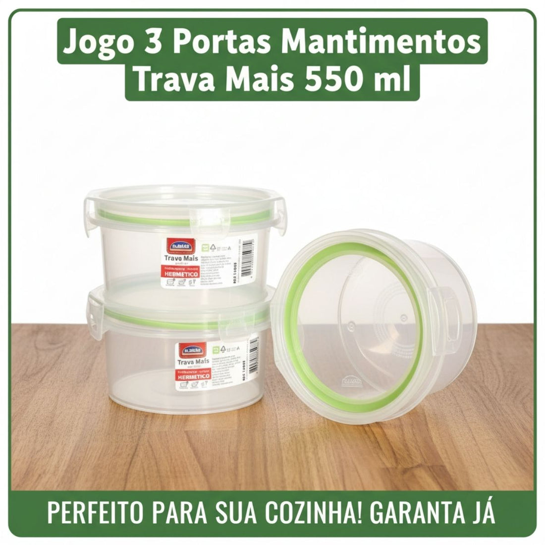 Pote Plástico Hermético com Trava Redondo – 550 ml Verde
