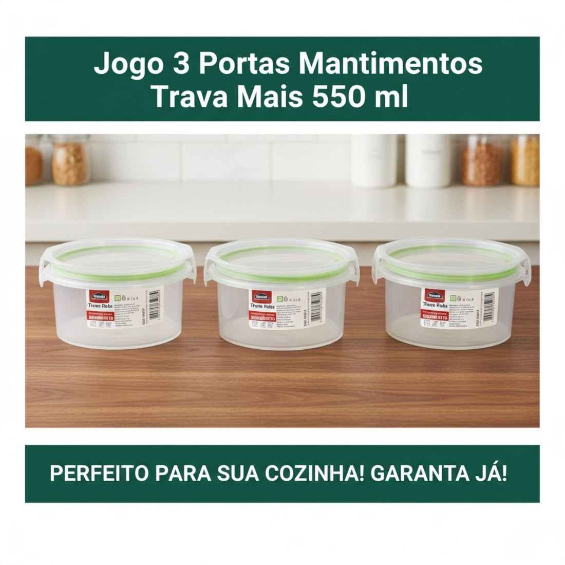 Pote Plástico Hermético com Trava Redondo – 550 ml Verde